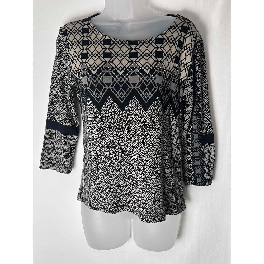 Mykonos Womens Black &  Tan Patterned Long Sleeve  Pullover Blouse Small